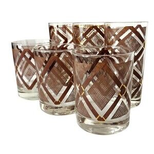 VTG Georges Briard MCM Brown Gold Plaid 3 Hi-Ball 3 Lo-Ball Glasses Set of Six